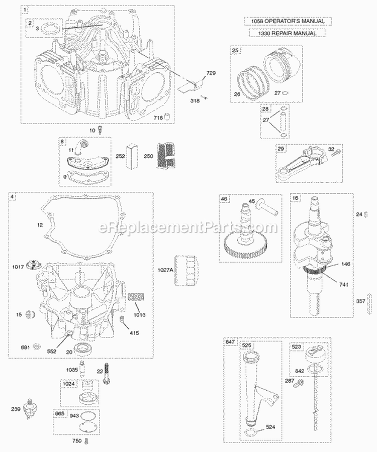 Camshaft Crankshaft Cylinder Engine Sump Lubrication Piston Rings Connecting Rod Diagram and Parts List for 446677-0125-B1  Briggs and Stratton Engine